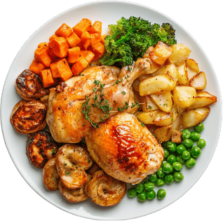 A plate of roast chicken with vegetables